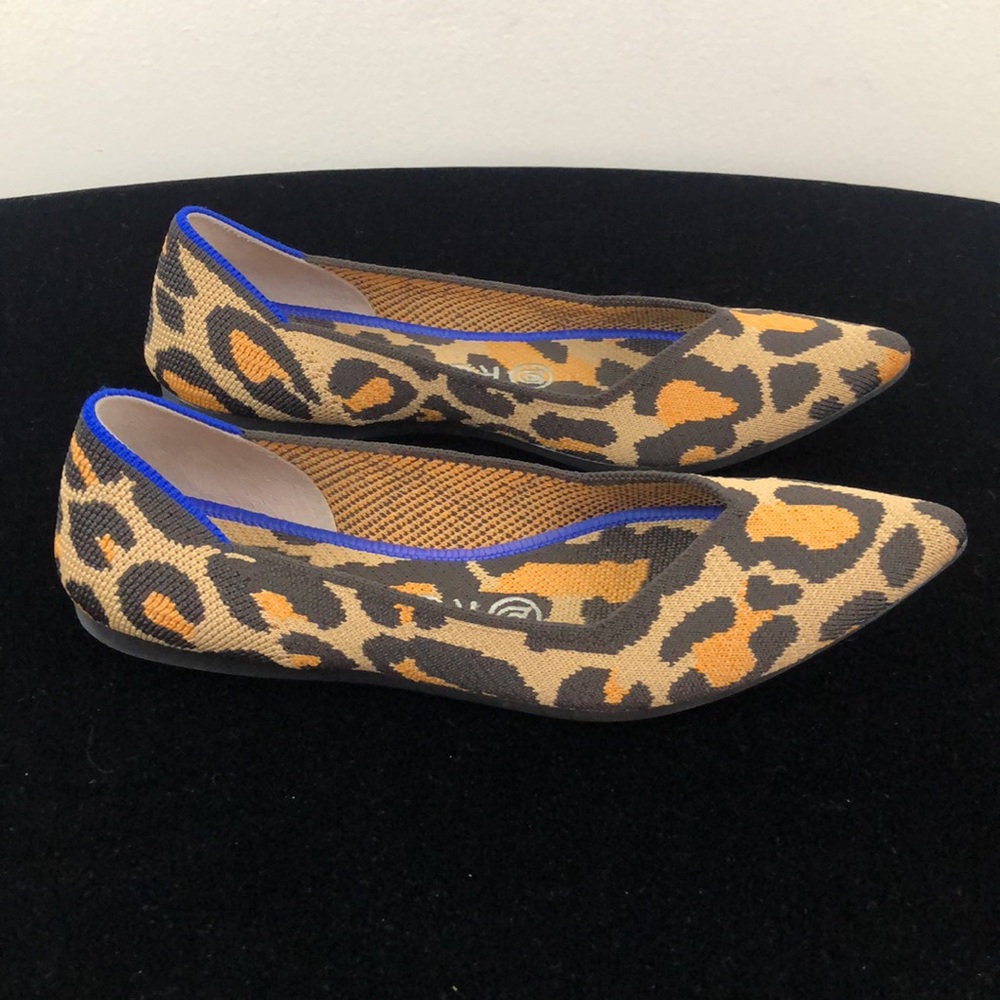 Rothy's Leopard Print Pointed Flats with Blue Trim - Picture 2 of 9